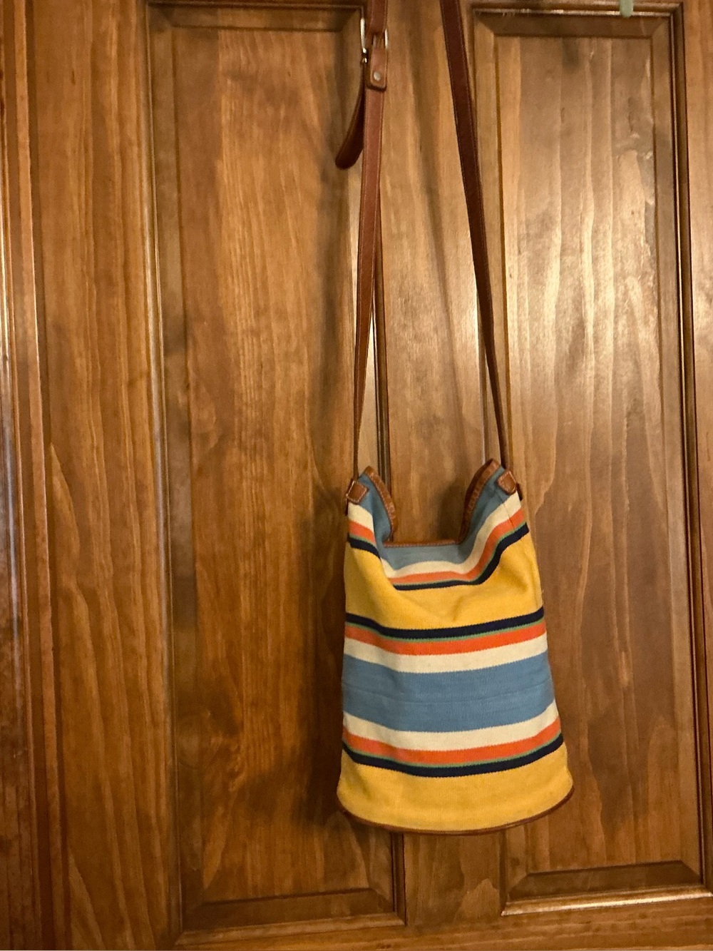 Unisa Yellow & Blue Striped Canvas Crossbody with Brown Strap